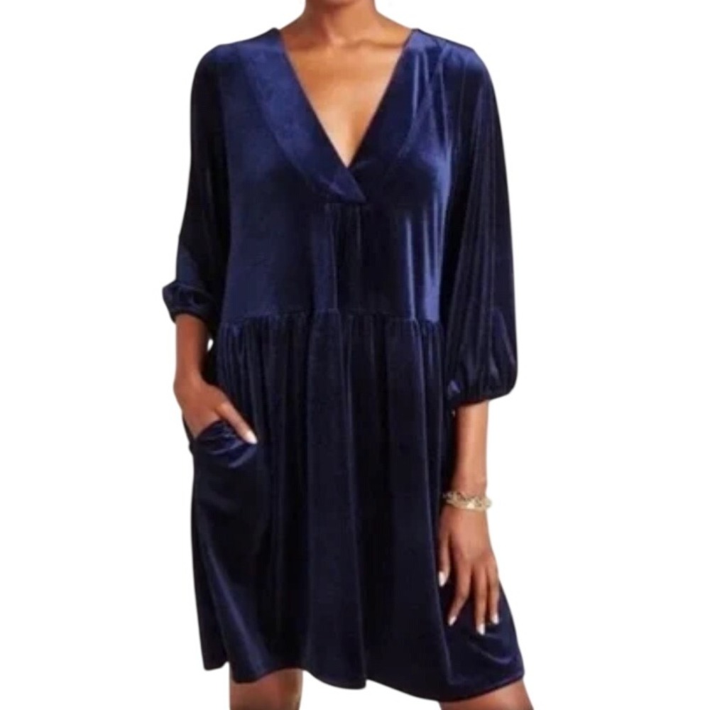Anthropologie‎ Amadi Greta Velvet Tunic Dress Navy Blue Pockets Boho Medium USA